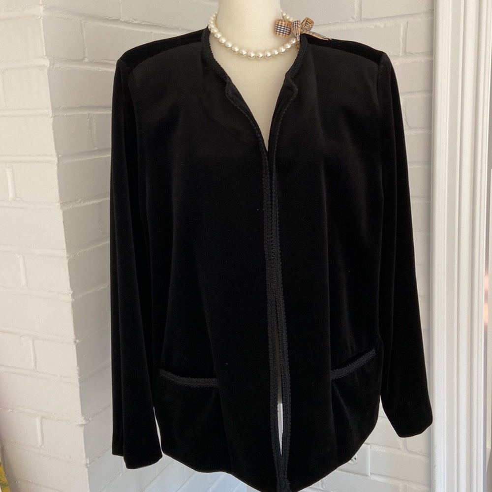 Womens Classic Holiday Christmas Oscar de le Renta Black Velvet Blazer Coat